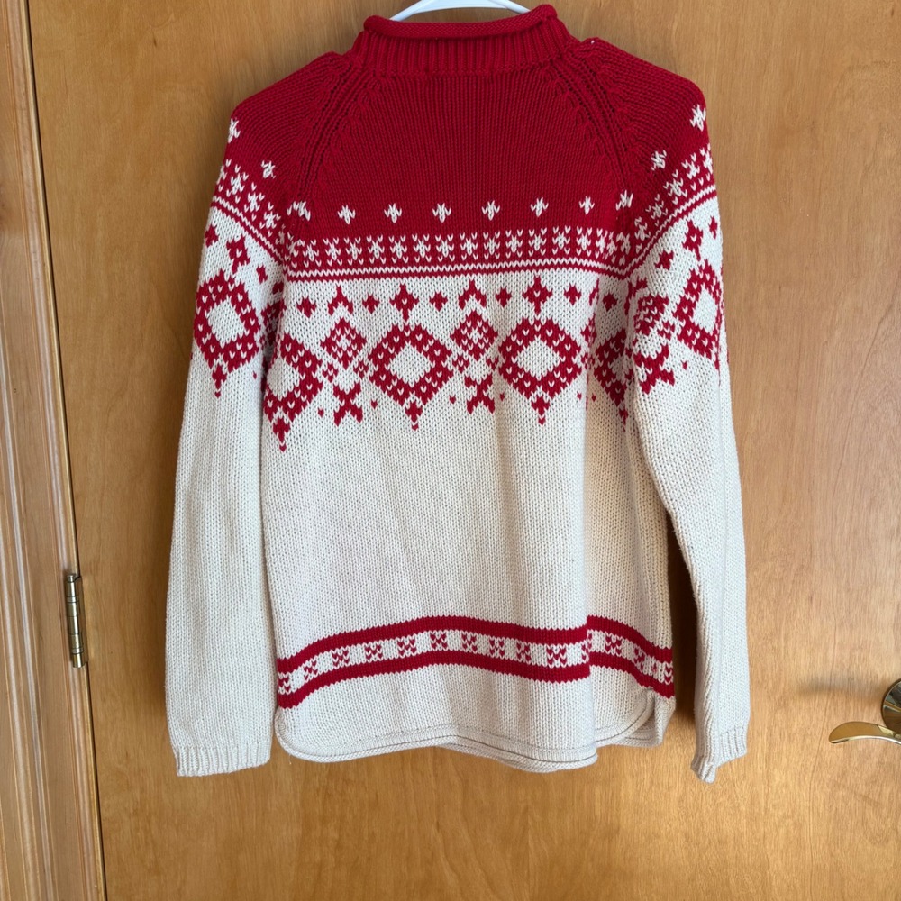 Eddie‎ Bauer Womens Petite Fair Isle Sweater Red Cream Mock Neck Cotton S - Picture 5 of 5